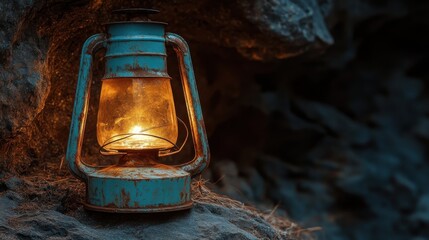 An illuminated vintage lantern resting on a rocky surface dimly lit