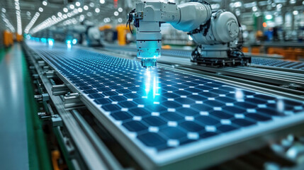 Solar panel production plant with engineers testing efficiency, robotic arms assembling photovoltaic cells, and clean industrial environments