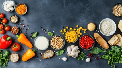 Crédence de cuisine Herbes Vibrant Ingredients Spread on a Dark Surface for Healthy Cooking and Meal Preparation Including Vegetables, Spices, and Fresh Herbs  © 69