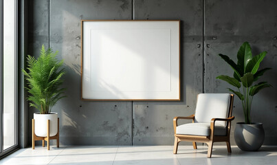 Modern Minimalist Workspace with Framed Art and Indoor Plants