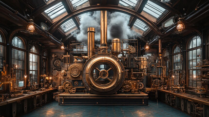 Obraz premium Steampunk factory with intricate brass gears, smokestacks puffing steam, and a Victorian-era mechanical workshop