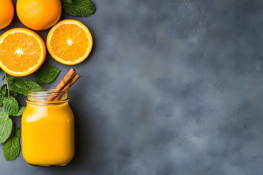 Freshly blended vibrant orange and turmeric smoothie in a glass jar garnished with a cinnamic stick and fresh mint leaves offering a healthy refreshing and nutritious beverage