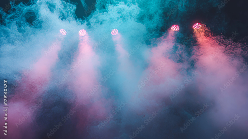 Poster vibrant theatrical smoke illuminated by colored spotlights for dynamic event design