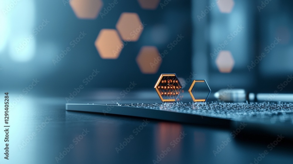 Poster modern abstract design featuring hexagonal shapes on a sleek surface with a vibrant blurred backgrou