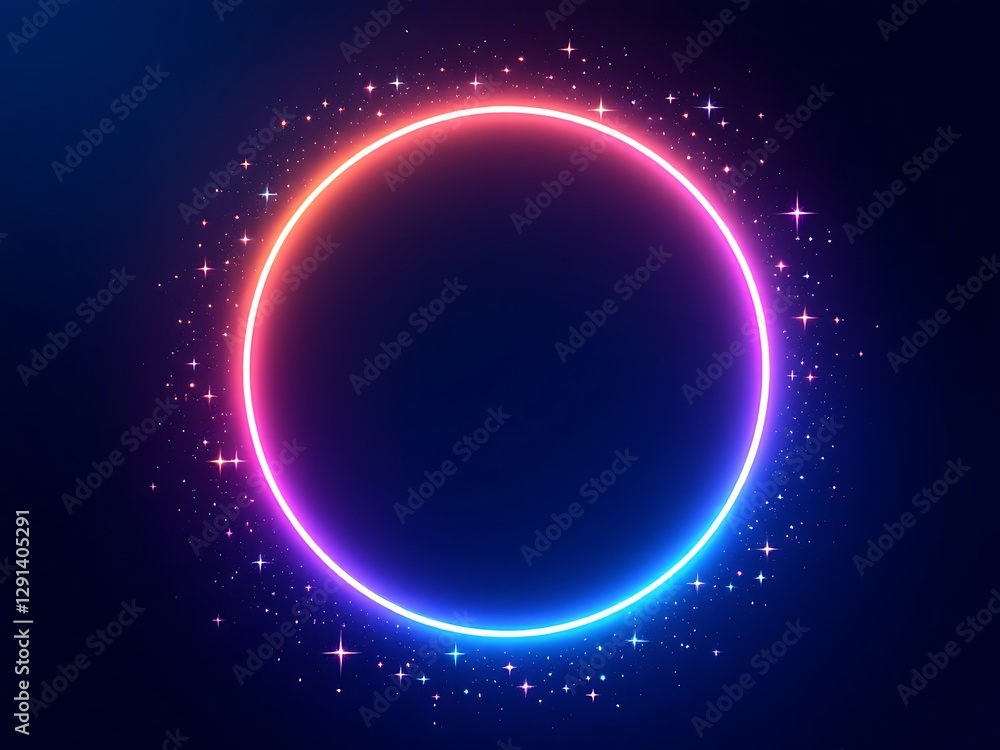 Poster elegant neon circle frame with glittering particles on dark background decorative element art
