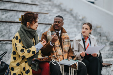 A team of young people discussing ideas and collaborating with documents and notebooks outdoors on...