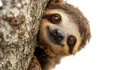 Playful Sloth with Grotesque Curls and Crossed Eyes in Tree Isolate on Transparent Background, cutout, png