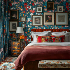 A lavish bedroom with vibrant wallpaper and rich bedding, blending comfort and style in city tranquility 