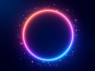 Fototapeta premium Elegant Neon Circle Frame with Glittering Particles on Dark Background Decorative Element Art
