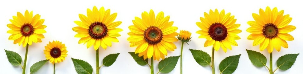 Naklejka premium Girasolas aisladas sobre un fondo blanco con diferentes tama?os y colores, colores, naturaleza, patrones