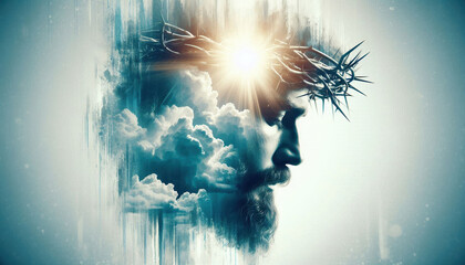 double exposure of the face of Jesus in the crown of thorns and the glowing sun in the clouds