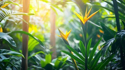 Vibrant Yellow Bird of Paradise Flower in Lush Tropical Garden