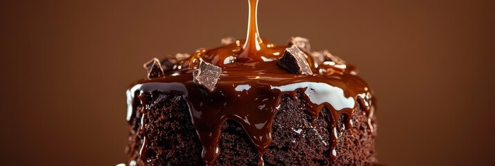 Melting chocolate cake with caramel explosion on Warm Brown Background