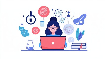 Young woman working on laptop surrounded by colorful educational icons representing technology, science, creativity, and learning in a flat design concept
