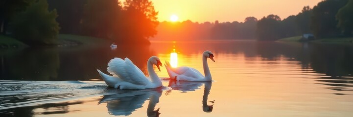Naklejka premium Graceful white swans gliding on calm lake water at sunset, elegant, beauty, nature photography