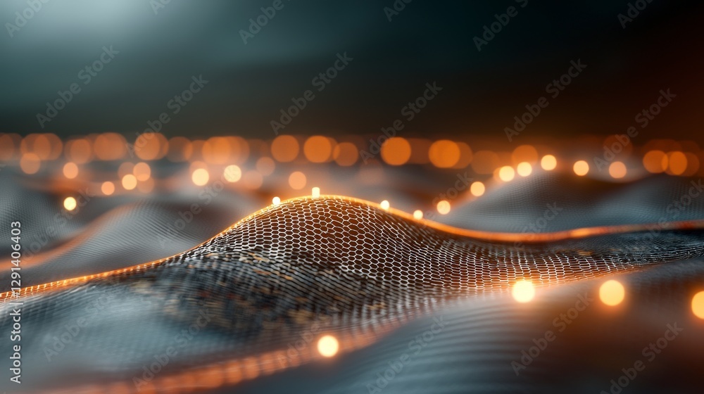 Poster abstract background with glowing particles on flowing wave pattern showcasing texture and depth in d