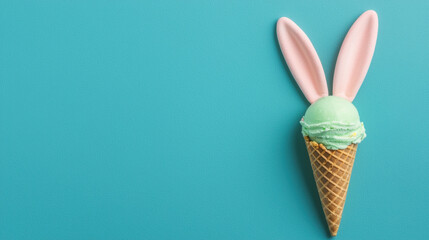 Easter Ice cream. Ice cream cone with mint scoop and bunny ears on a blue background.
