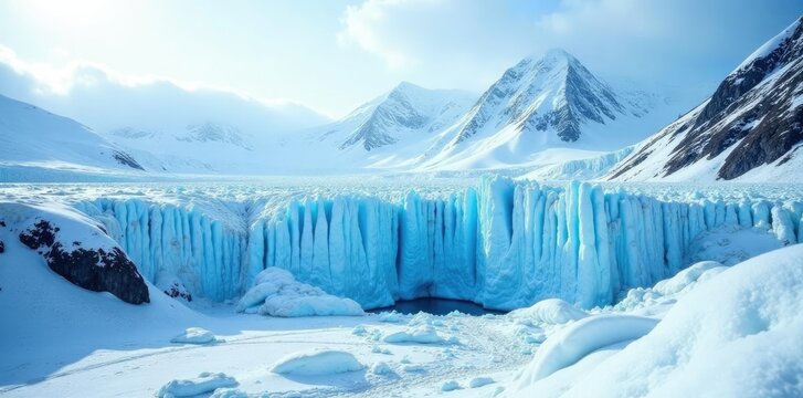 Glacier icecap with a snow-covered valley below, winter scenery, ice formation, frosty terrain