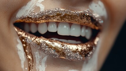 Obraz premium A close-up portrayal of lavish lips adorned with shimmering gold and white accents, conveying messages of luxury, beauty, and extravagance in a visually striking manner.