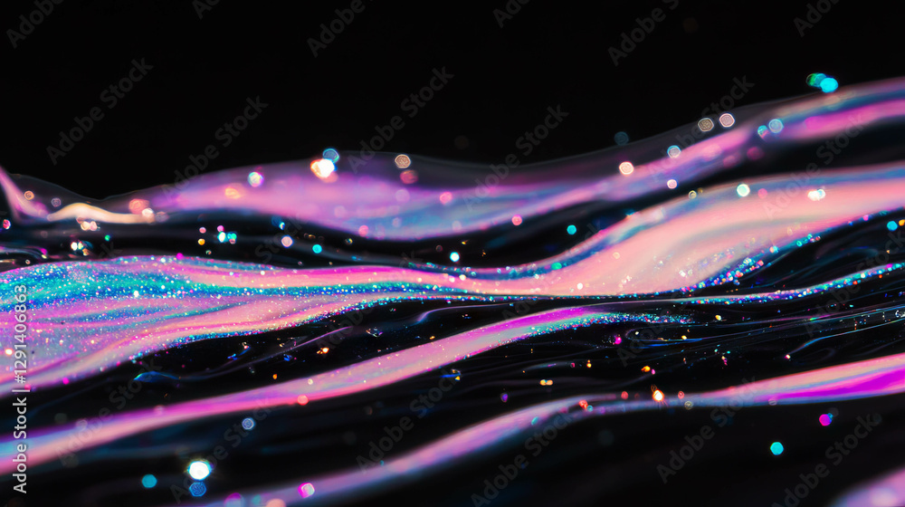 Poster iridescent soap streaks with glitter sparkles on black background for creative design