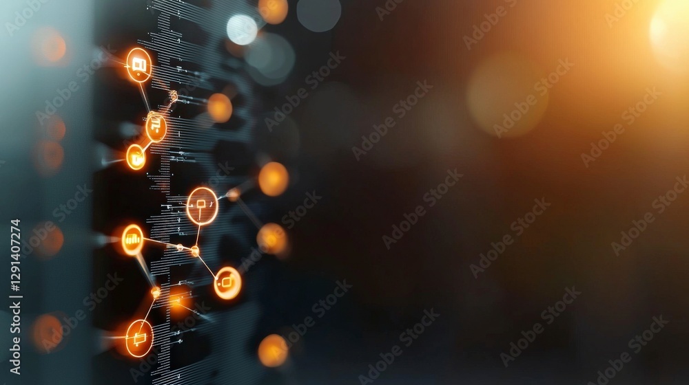 Poster abstract representation of digital connectivity with glowing nodes and circuit patterns on a dark ba