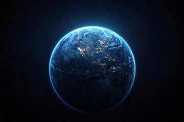 Fototapeta premium A stunning view of Earth from space, showcasing the planet's illuminated features against a dark background, highlighting its beauty and vastness.