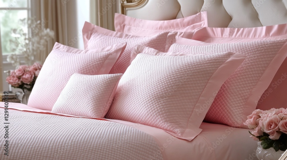 Poster plush pink pillows nestle against a soft headboard, creating a cozy atmosphere. sunlight filters thr