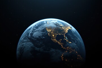 Obraz premium A stunning view of Earth from space, showcasing illuminated continents against a dark backdrop, highlighting the beauty of our planet.