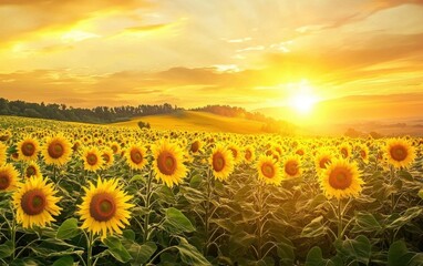 Fototapeta premium Bright sunflower-covered hillside under a golden sky