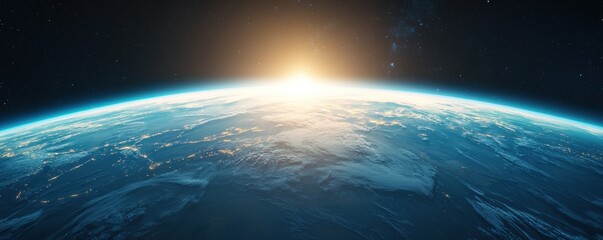 Obraz premium A breathtaking view of Earth from space, showcasing a sunrise over the horizon, with swirling clouds and vibrant colors illuminating the atmosphere.