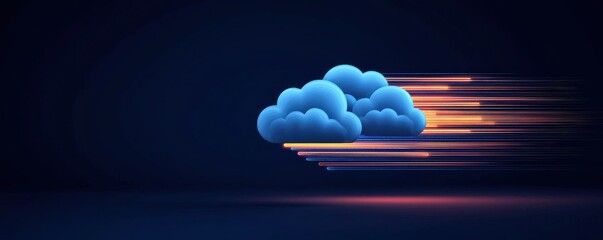 A stylized blue cloud is depicted with motion lines, suggesting speed and dynamic movement against a dark background.