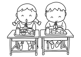 給食を前に食前の挨拶をしている男の子と女の子