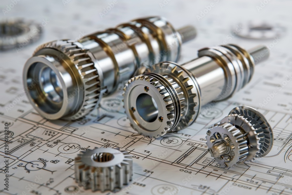 Aufkleber intricate 3d render of mechanical components set against engineering drawings background