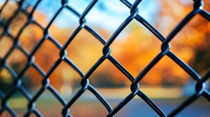 Fototapeta premium Close up of black chain link fence against blue background with blurry autumn forest in distance