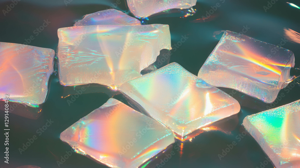 Poster iridescent soap streaks on ice crystals surface reflecting light in abstract background