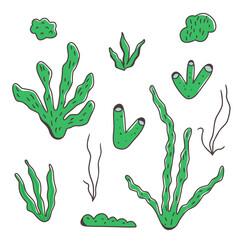Collection of cute hand-drawn sea plants and seaweed in playful shapes. Cartoon vector illustration in green tones. Perfect for underwater themes and ocean clipart sets.