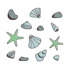 Hand-drawn clipart set with cute seashells, pebbles, and green starfish. Cartoon-style marine elements in soft colors. Perfect for ocean-themed designs and kids illustrations.