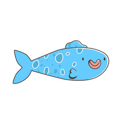 Cute cartoon fish with blue body, round spots, small fins, and a smiling face. Hand-drawn vector illustration in kawaii style. Playful sea character with bubbly pattern and curved lips