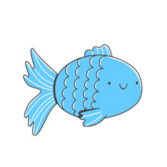 Cute cartoon fish with round blue body, smiling face, and scalloped scales. Hand-drawn vector illustration in kawaii style. Playful and friendly ocean character for fun designs.