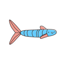 Cute cartoon fish with long blue body, pink fins and tail, and smiling face. Hand-drawn vector illustration in kawaii style. Minimal and playful sea character with striped pattern.