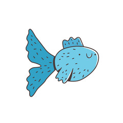 Cute cartoon fish with round blue body, dark wavy tail, and small smiling face. Hand-drawn vector illustration in kawaii style. Simple sea animal character with playful line details.