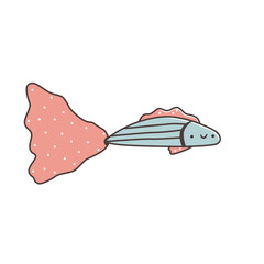 Cute cartoon fish with a blue body and pink polka dot tail. Hand-drawn vector illustration in kawaii style. Playful and charming sea animal character with closed eyes and gentle smile.