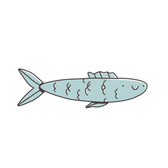 Cute cartoon fish with a smiling face and simple blue scales. Hand-drawn vector illustration in kawaii style. Minimal and playful sea animal character for ocean-themed designs.