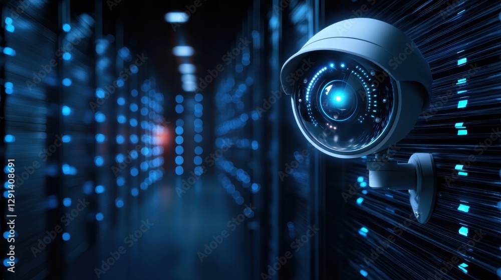 Poster surveillance camera monitoring data center with blue light and modern technology in background for s