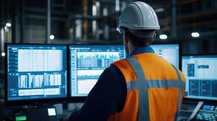 A worker in a safety vest and helmet monitors data on multiple screens in a high-tech industrial setting.