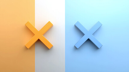 Obraz premium Abstract X marks in orange and blue stand out against a tri-color background, evoking a sense of contrast and balance in a minimalist style.