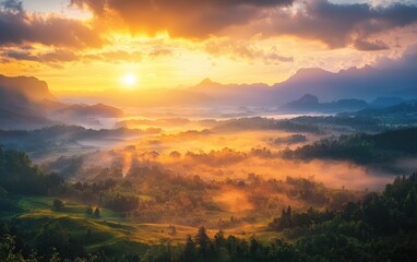 Fototapeta premium Dreamy sunrise over a foggy summer valley