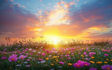 Fototapeta premium Dreamy sunset over a blooming meadow filled with colors