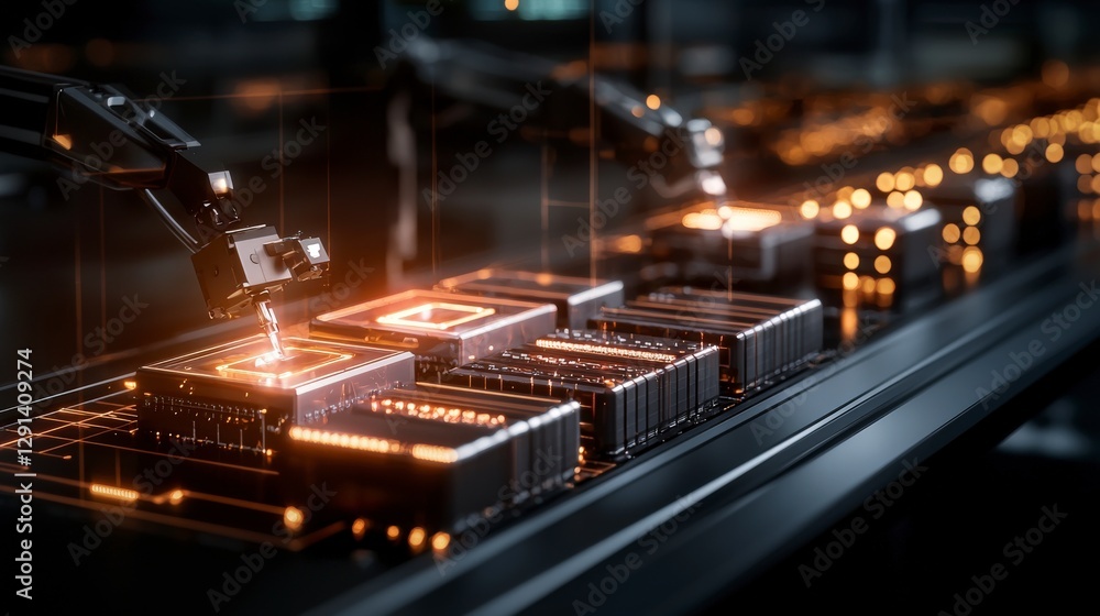 Poster advanced robotics handling circuit boards in high-tech manufacturing environment with futuristic glo