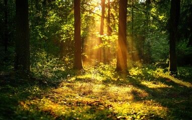 Obraz premium Enchanting forest glade bathed in golden sunlight